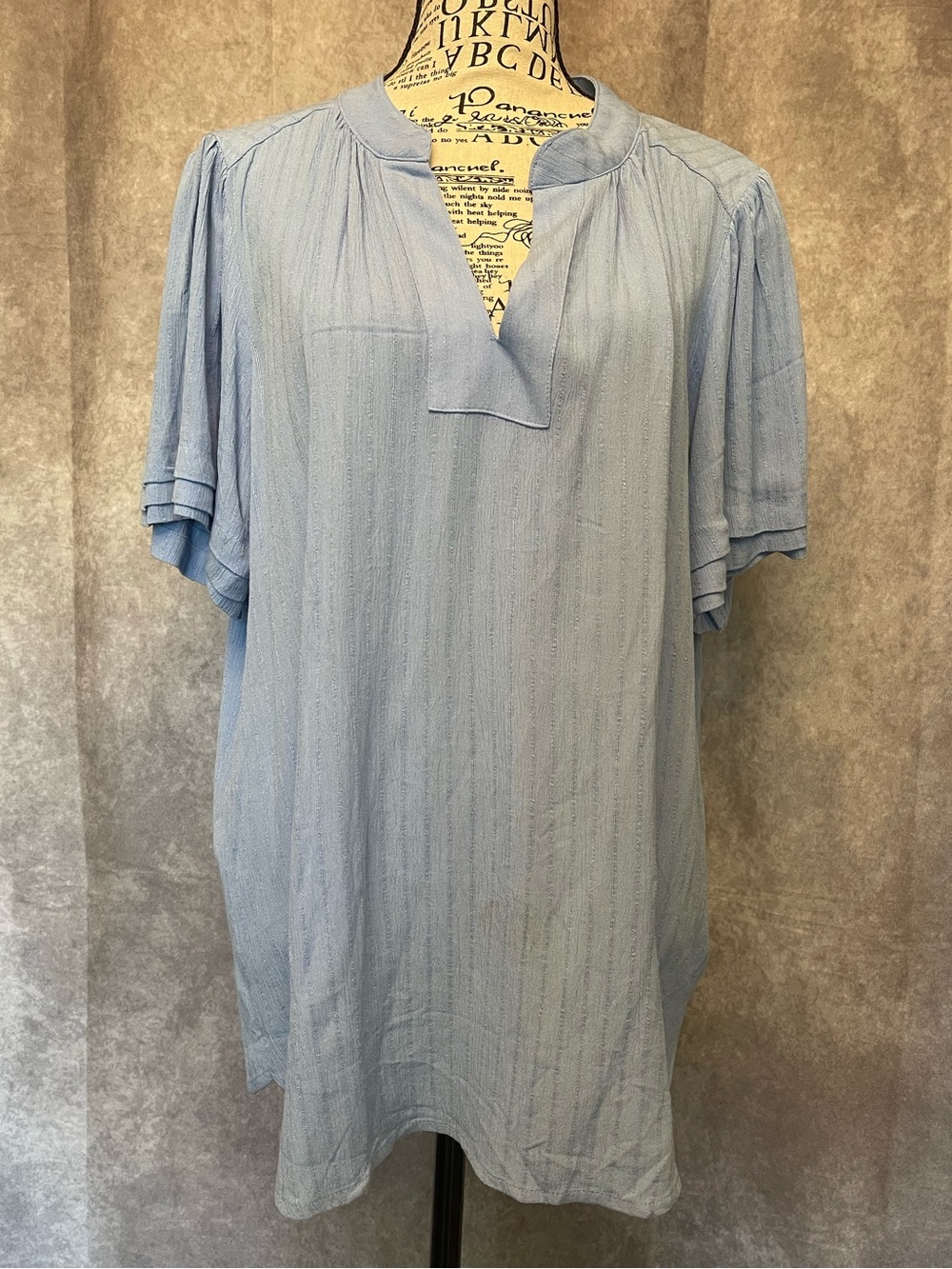 Well Worn Light Blue Women's Split-Neck Short Sleeve Top Medium